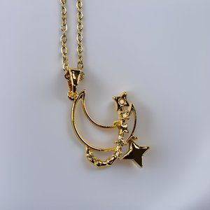 Gold 0.5 ct Zircon Stars and Moon Iridescent Pendant Necklace